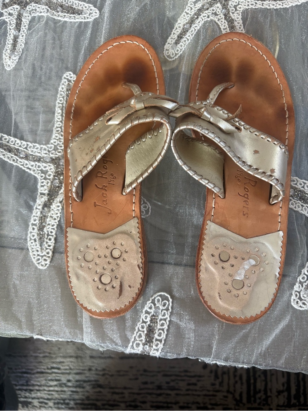 Jack Rogers Metallic Leather Thong Sandals in Gold and Brown